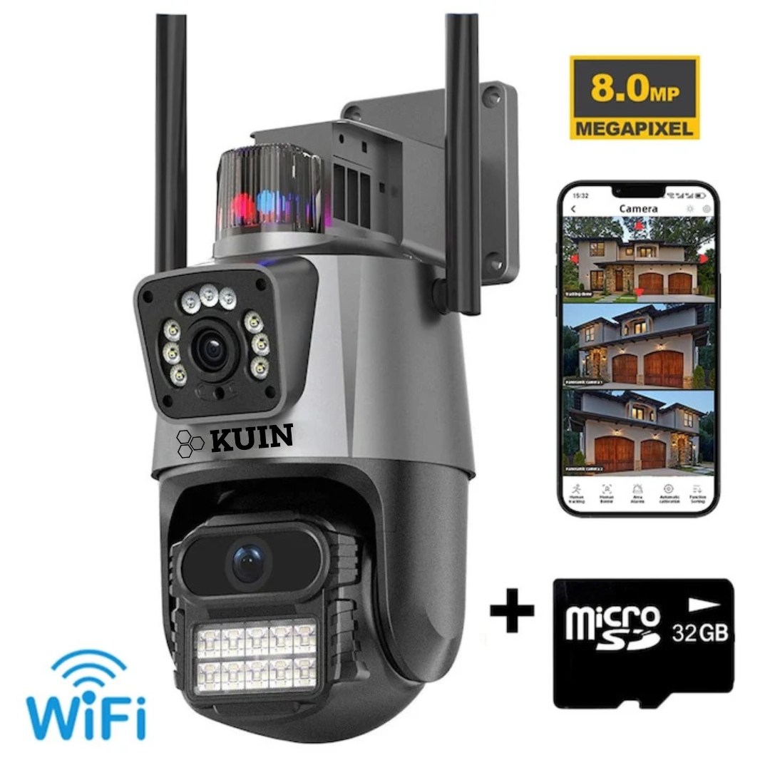 Camera de supraveghere dubla WIFI KUIN® K11 Pro, 8MP, exterior/interior, Ultra HD, 5X zoom, rotire, leduri lumina, comunicare bidirectionala, alarma, senzor miscare, Argintiu