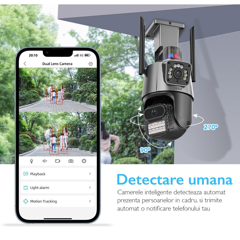 Camera de supraveghere dubla WIFI KUIN® K11 Pro, 8MP, exterior/interior, Ultra HD, 5X zoom, rotire, leduri lumina, comunicare bidirectionala, alarma, senzor miscare, Argintiu