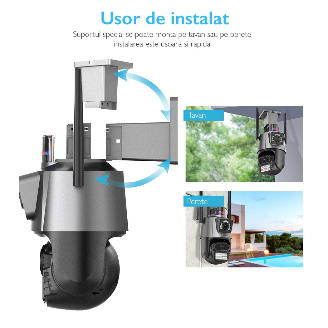 Camera de supraveghere dubla WIFI KUIN® K11 Pro, 8MP, exterior/interior, Ultra HD, 5X zoom, rotire, leduri lumina, comunicare bidirectionala, alarma, senzor miscare, Argintiu