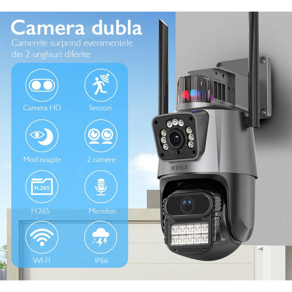 Camera de supraveghere dubla WIFI KUIN® K11 Pro, 8MP, exterior/interior, Ultra HD, 5X zoom, rotire, leduri lumina, comunicare bidirectionala, alarma, senzor miscare, Argintiu