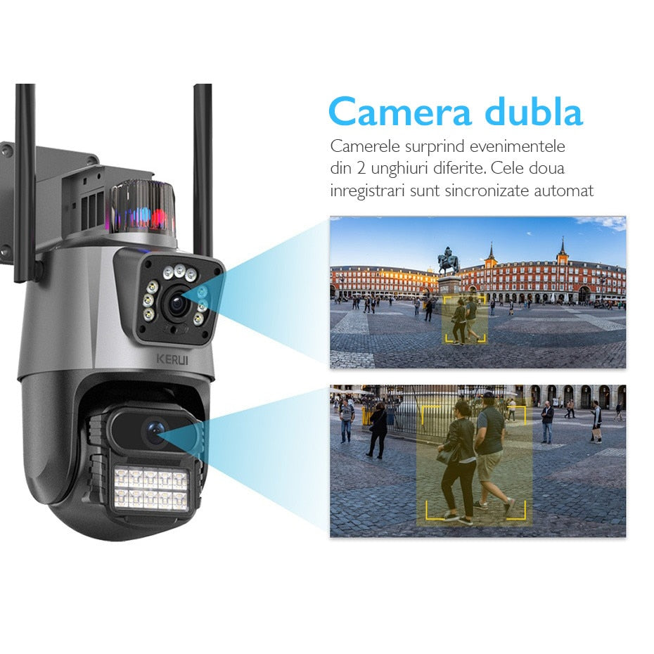 Camera de supraveghere dubla WIFI KUIN® K11 Pro, 8MP, exterior/interior, Ultra HD, 5X zoom, rotire, leduri lumina, comunicare bidirectionala, alarma, senzor miscare, Argintiu