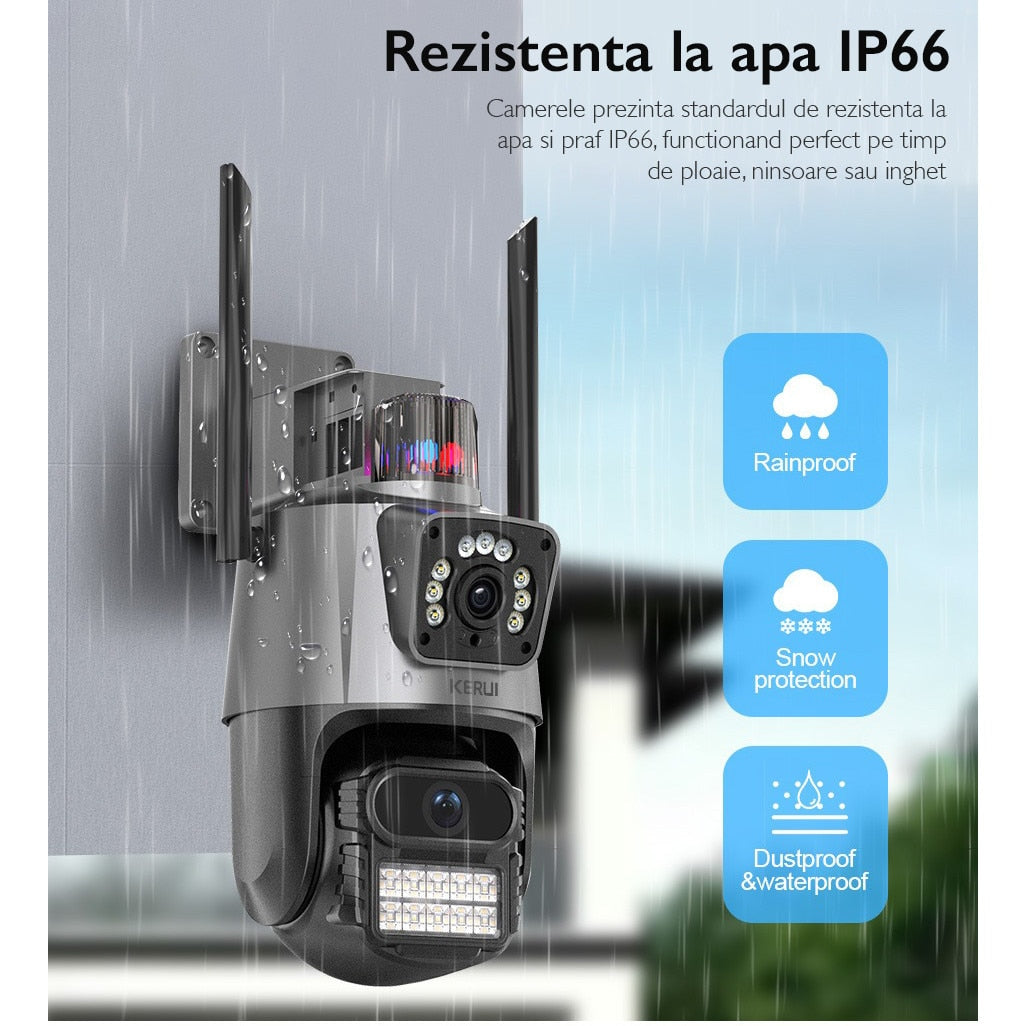 Camera de supraveghere dubla WIFI KUIN® K11 Pro, 8MP, exterior/interior, Ultra HD, 5X zoom, rotire, leduri lumina, comunicare bidirectionala, alarma, senzor miscare, Argintiu
