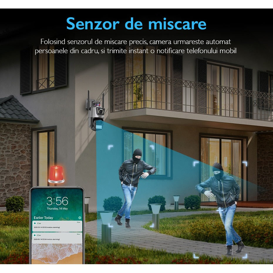 Camera de supraveghere dubla WIFI KUIN® K11 Pro, 8MP, exterior/interior, Ultra HD, 5X zoom, rotire, leduri lumina, comunicare bidirectionala, alarma, senzor miscare, Argintiu