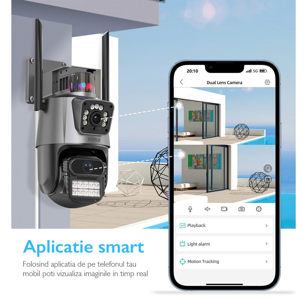 Camera de supraveghere dubla WIFI KUIN® K11 Pro, 8MP, exterior/interior, Ultra HD, 5X zoom, rotire, leduri lumina, comunicare bidirectionala, alarma, senzor miscare, Argintiu