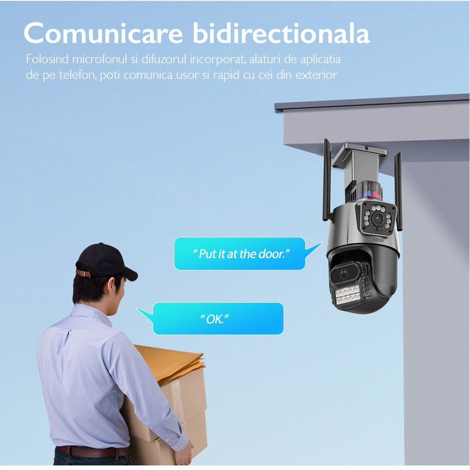 Camera de supraveghere dubla WIFI KUIN® K11 Pro, 8MP, exterior/interior, Ultra HD, 5X zoom, rotire, leduri lumina, comunicare bidirectionala, alarma, senzor miscare, Argintiu