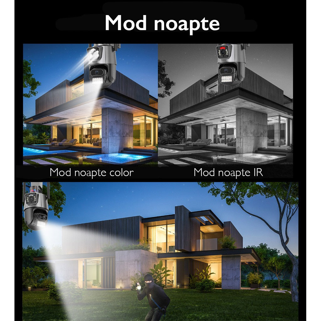 Camera de supraveghere dubla WIFI KUIN® K11 Pro, 8MP, exterior/interior, Ultra HD, 5X zoom, rotire, leduri lumina, comunicare bidirectionala, alarma, senzor miscare, Argintiu