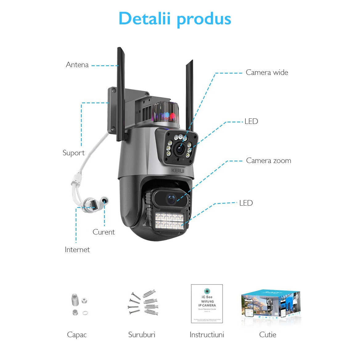 Camera de supraveghere dubla WIFI KUIN® K11 Pro, 8MP, exterior/interior, Ultra HD, 5X zoom, rotire, leduri lumina, comunicare bidirectionala, alarma, senzor miscare, Argintiu